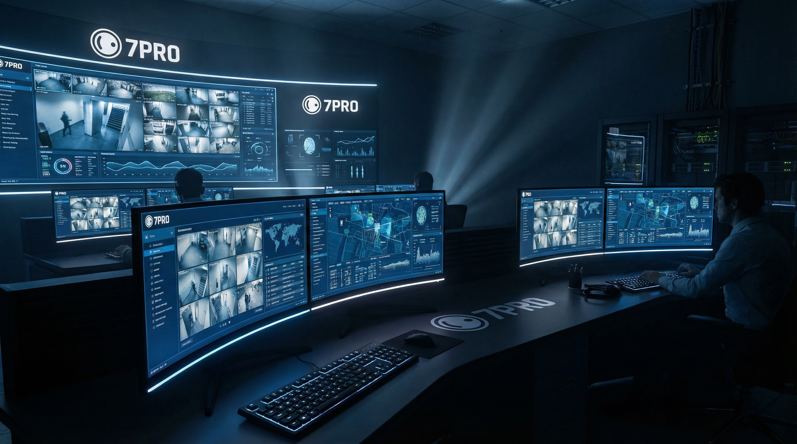 7PRO security command center with multiple HD monitors displaying live camera feeds from various locations, demonstrating our 24/7 monitoring capabilities