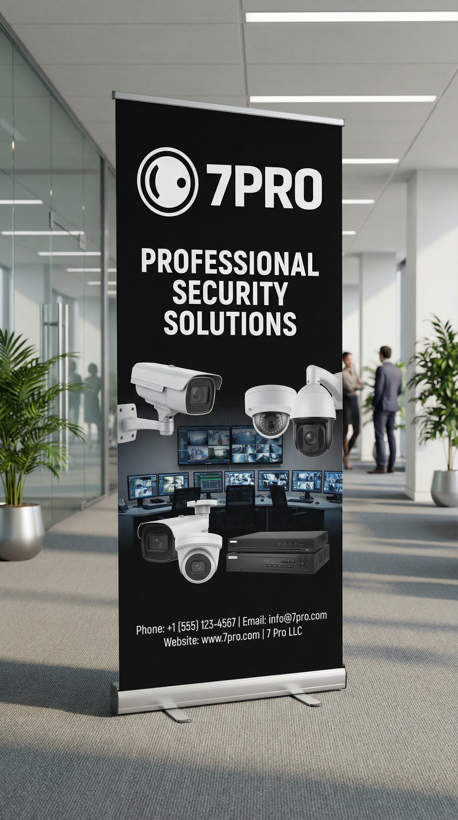 7PRO LLC roll-up banner for trade shows and events featuring company logo, services highlights, and contact information